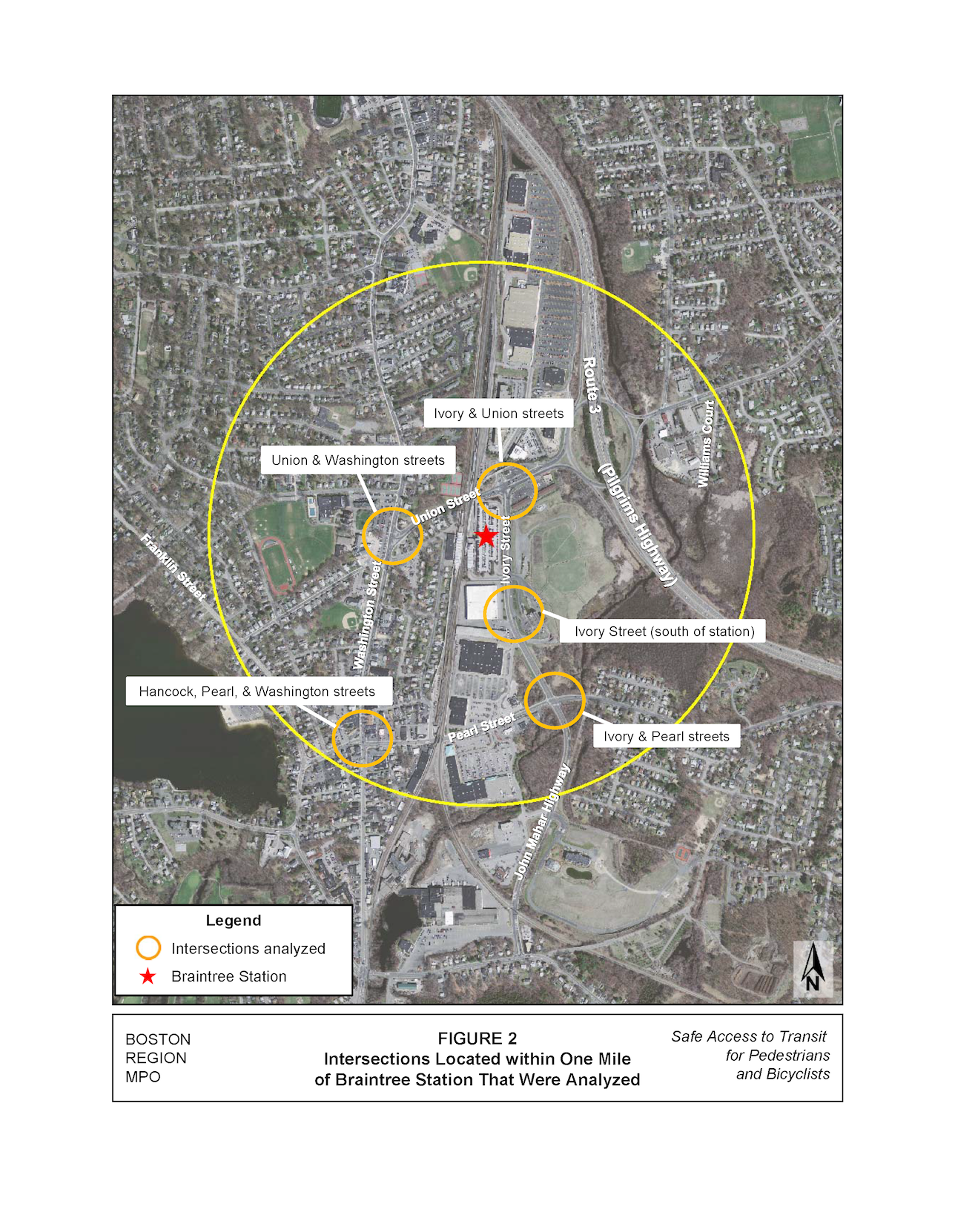 Figure 2 – Intersections Located within One Mile of Braintree Station that were Analyzed Figure 2 is an aerial photo that shows the locations of the intersections located within one mile of Braintree Station that were analyzed for this study.